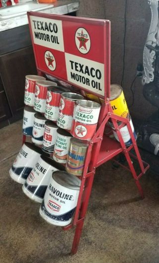 Vintage Texaco Oil Can Display Rack W/ Topper Sign Gas Station 2