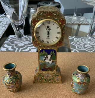 Two Small Mini Vintage Oriental / Chinese Cloisonne Enamel Vase & Clock