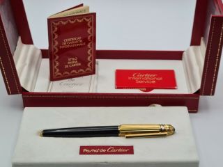 Cartier Pasha Black Fountain Pen 18k Nib 1988 Vintage.  Stamped Papers & Box.
