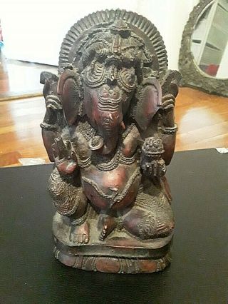 Hindu God Ganesh Hand Carved Wooden Statue Vintage Old Antique Idol Dark Wood