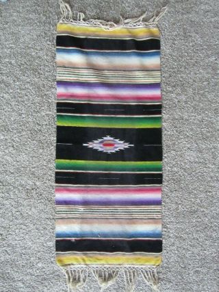 Vintage Rainbow Mexican Saltillo Serape Wool Table Runner Rug 17.  ” X 38”,  Fringe