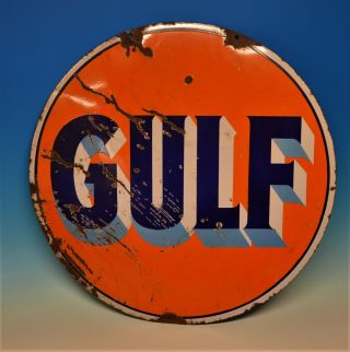 Old 30 " Gulf Dsp Porcelain Sign 1920s 1930s Gas Oil Service Station Double Sided