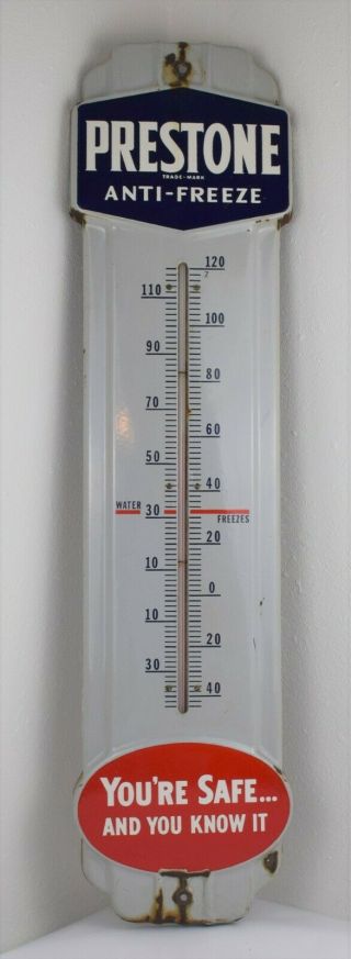 Vintage Prestone Anti - Freeze Thermometer Porcelain Gas Oil Sign Advertising
