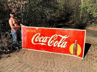 Vintage Early Metal Coca Cola Soda Pop Roll Up Bottle Graphic Sign Coke 129x44