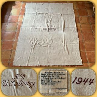 Vtg 40s Wool Us Army Medical Blanket 62 X 84 Camp Military 1944 Marshall Field