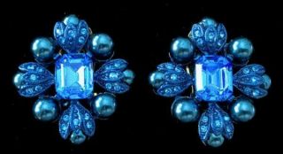 Vintage Joan Rivers Royal Blue Maltese Cross Earrings Enamel Rhinestone Pearl