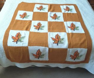 Handmade Vintage Autumn Leaf Granny Square Knit Afghan Throw Blanket