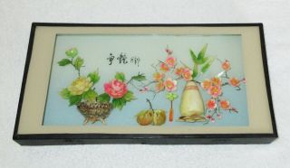 Vintage Chinese Shell Art Hand Painted 3d Signed Shadowbox Framed Decor Flowers