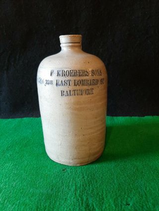 Vintage Stoneware Crock Whiskey Jug Baltimore Md East Lombard St F Kroerers Sons