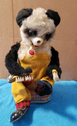 Vintage Tin Battery Operated Smoking & Shoe Shining Panda Bear Alps Japan