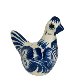 Tonala Mexican Bird Folk Art Pottery Figurine Hand Painted Blue White 5”
