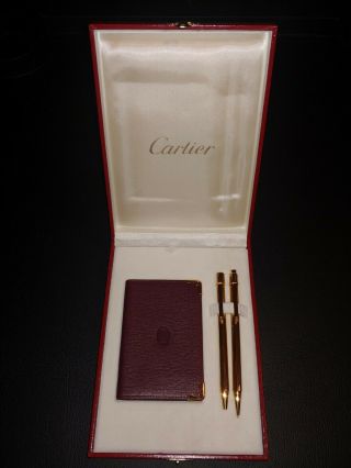 Cartier 18k Gold Pen Pencil Set & Leather Card Holder Certificates Euc