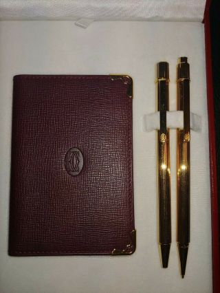 Cartier 18K Gold Pen Pencil Set & Leather Card Holder Certificates EUC 2