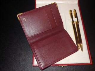 Cartier 18K Gold Pen Pencil Set & Leather Card Holder Certificates EUC 3