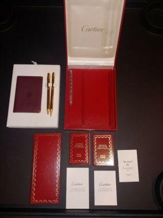 Cartier 18K Gold Pen Pencil Set & Leather Card Holder Certificates EUC 5