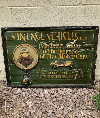 Vintage Large Wood Rolls Royce Bentley Vehicle Automotive Car Sign 24” X 36” Ad