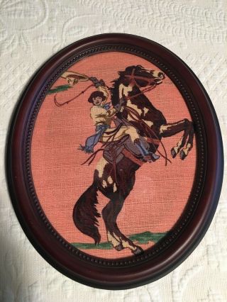 Oval Wood Framed Vintage Cowgirl Picture Printed Fabric