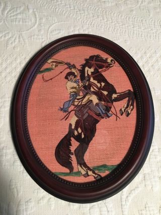 Oval Wood Framed Vintage Cowgirl Picture Printed Fabric 2