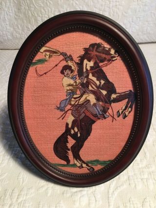 Oval Wood Framed Vintage Cowgirl Picture Printed Fabric 3