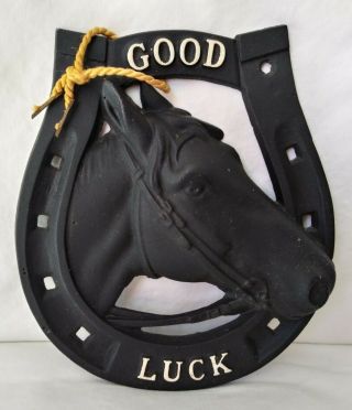 Vintage Black Metal Horseshoe & Horse Good Luck Wall Hanging Plaque Western