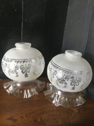 Vintage Hurricane Etched Glass Lamp Shade Light Globes Frosted Ruffled Bottom