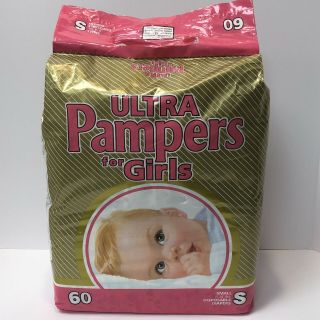 Vintage Ultra Pampers Girls Diapers 6 - 14lbs Custom Fit Tape Disney Baby Opened
