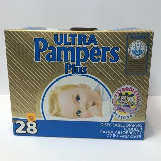 Vintage Ultra Pampers Plus 27lbs And Over Diapers Custom Fit Tape Toddler Opened