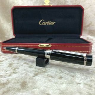 Authentic Cartier Ballpoint Pen Pasha Black Composite Platinum Finish With Case