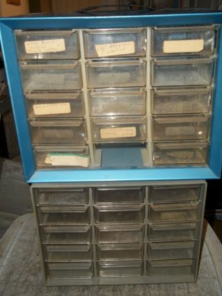 2 Vintage Akro Mils Cabinet Bins Nut & Bolts Storage 15 Drawer Ea.  1 Blue Steel