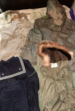 Huge Box Of Wwii Usn Navy Jackets & Gear,  Foul Weather Parka,  Deck Overalls