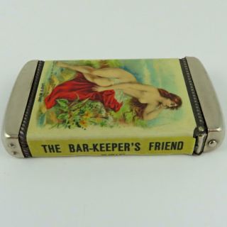 ANTIQUE BAR - KEEPER ' S FRIEND INDIANAPOLIS CELLULOID ADVERTISING VESTA MATCH SAFE 3