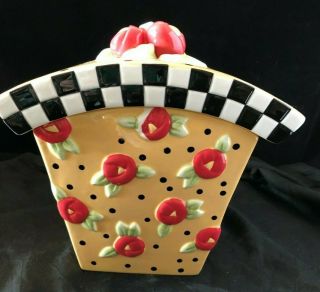 Vintage Mary Engelbreit Red Roses On Yellow With Polka Dots Canister Cookie Jar