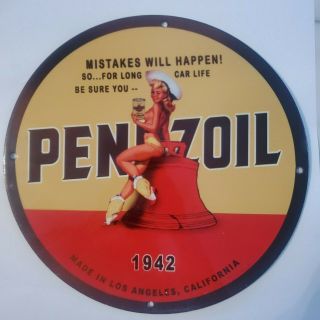 Vintage Porcelain Pennzoil Petroliana Man Cave Bar Garage Sign