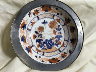 Vintage Canton Ware Hand Painted Porcelain & Metal Heavy Plate Bowl Ashtray