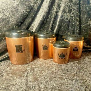 Vintage West Bend Aluminum Copper Canister Set Of 4 - Flour Sugar Coffee & Tea