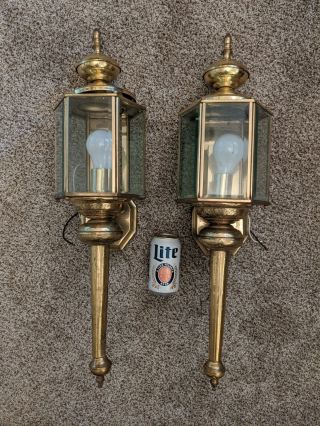Pair Vintage Brass Sconce Coach Light Lamp Lantern Mid Century 26 "