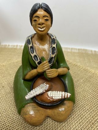 Latin American Hand Made & Painted Clay Pottery Woman Preparing Corn Folk Art