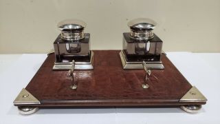 Vintage 800 Silver,  Cut Glass,  Alligator Leather & Wood Double Inkwell Desk Set