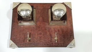 Vintage 800 Silver,  Cut Glass,  Alligator Leather & Wood Double Inkwell Desk Set 2
