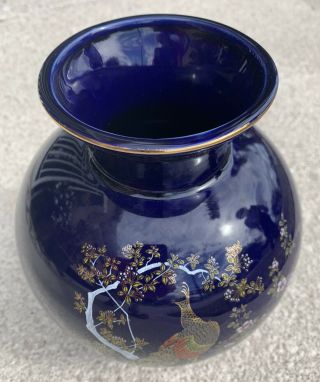 Vintage Japanese Cobalt Blue Vase With Red And Gold Peacocks And Cherry Blossoms