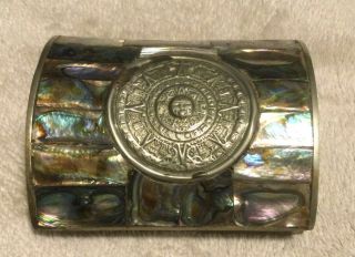 Vintage Alpaca Mexican Abalone And Silver - Tone Metal Box Aztec Calendar Sunstone