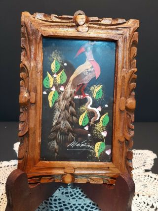 Vintage Mexican Feather Art Bird Picture,  On Black With Carved Frame 5x7