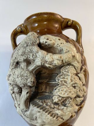Handmade Banko Ware 6” Brown Pottery Vase Bonsai Scene Relief Japan