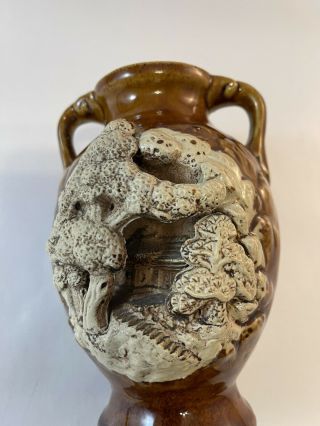 Handmade Banko Ware 6” Brown Pottery Vase BONSAI Scene Relief Japan 2