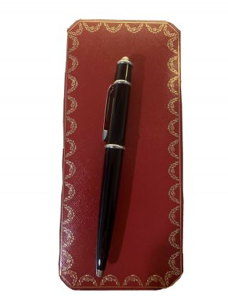 Authentic Cartier Ballpoint Pen Diabolo Black Silver Accents With Blue Gem W/box