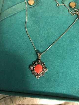 Antique Sterling Silver Necklace With Coral And Marckiste Pendant 20 Inches Long