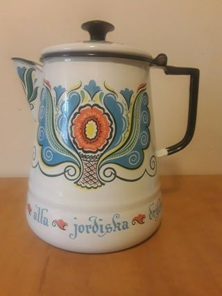 Vintage Berggren Floral Folk Art Enamelware Coffee Pot Water Boiler