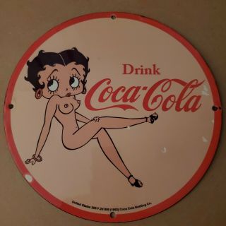 Vintage Porcelain 1953 Drink Coca - Cola Soda Pop Betty Boop Man Cave Garage Sign