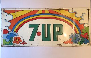Vtg 1970s 7up Tin Litho Sign Peter Max Style Art Psychedelic Rainbow Flowers 35 "