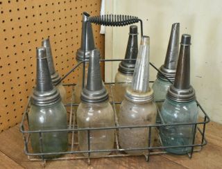 Vintage Oil Bottle Rack W/ Bottles & Spouts Estate Find